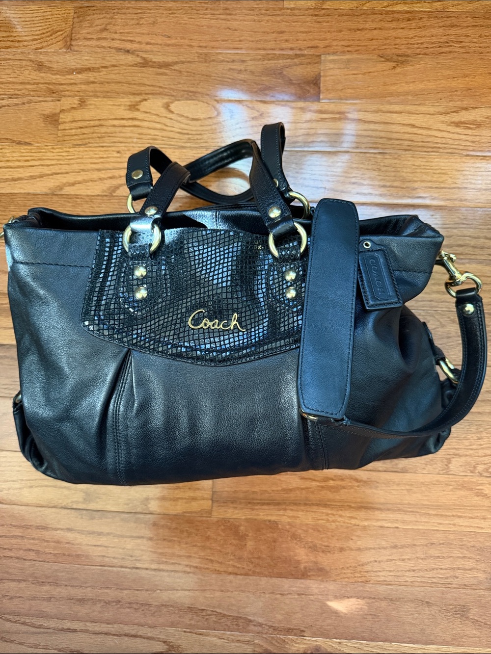 Coach Black Leather Tote with Embossed Front and Gold Hardware